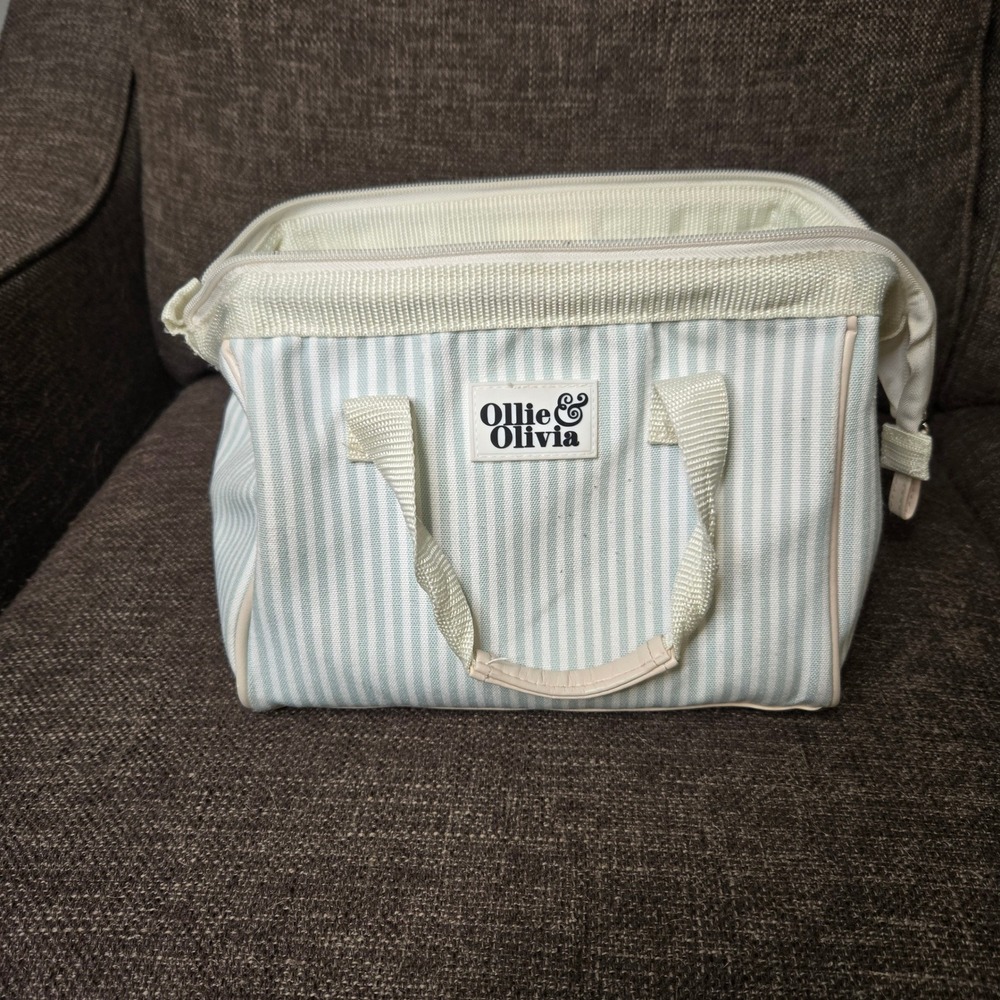 Ollie & Olivia Lunch Box School Tote Striped Makeup Bag Blue White Canvas